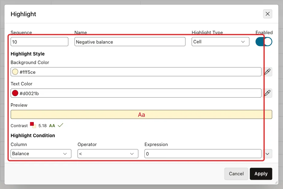 Highlight dialog with Name Negative balance, Highlight Type Cell, Text Color #d0021b and the condition Balance less than 0 marked with a red box
