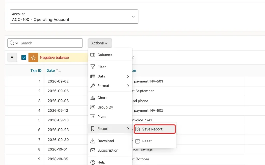 Actions menu with Report expanded and Save Report marked with a red box