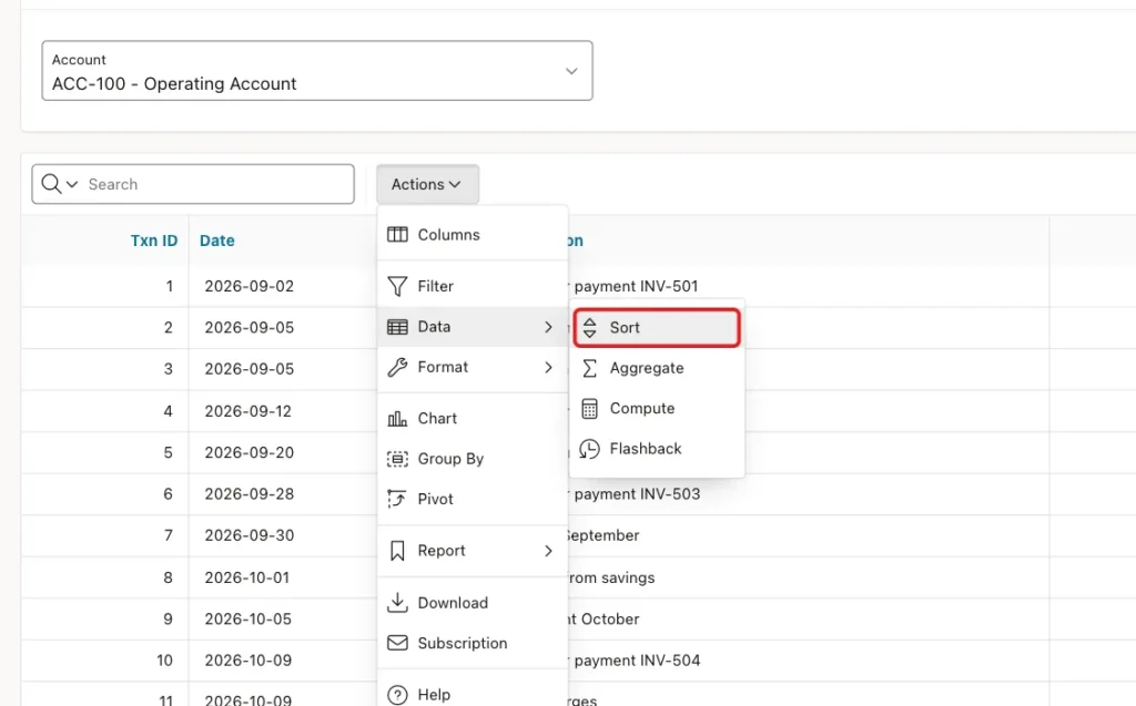 Actions menu with Data expanded and Sort marked with a red box