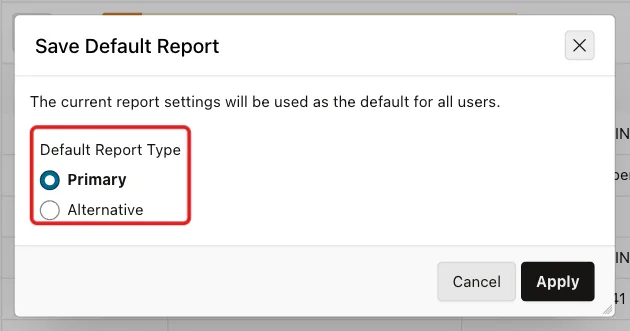 Save Default Report dialog with Default Report Type Primary marked with a red box