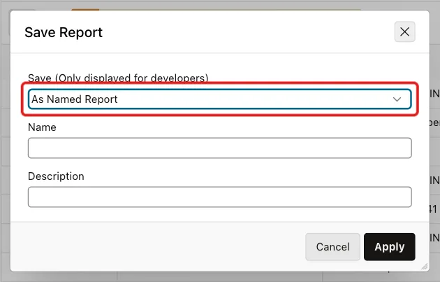 Save Report dialog with the Save list marked with a red box