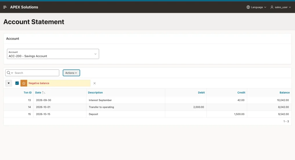 Account Statement for ACC-200 with balances 10,042.00, 8,042.00 and 9,542.00