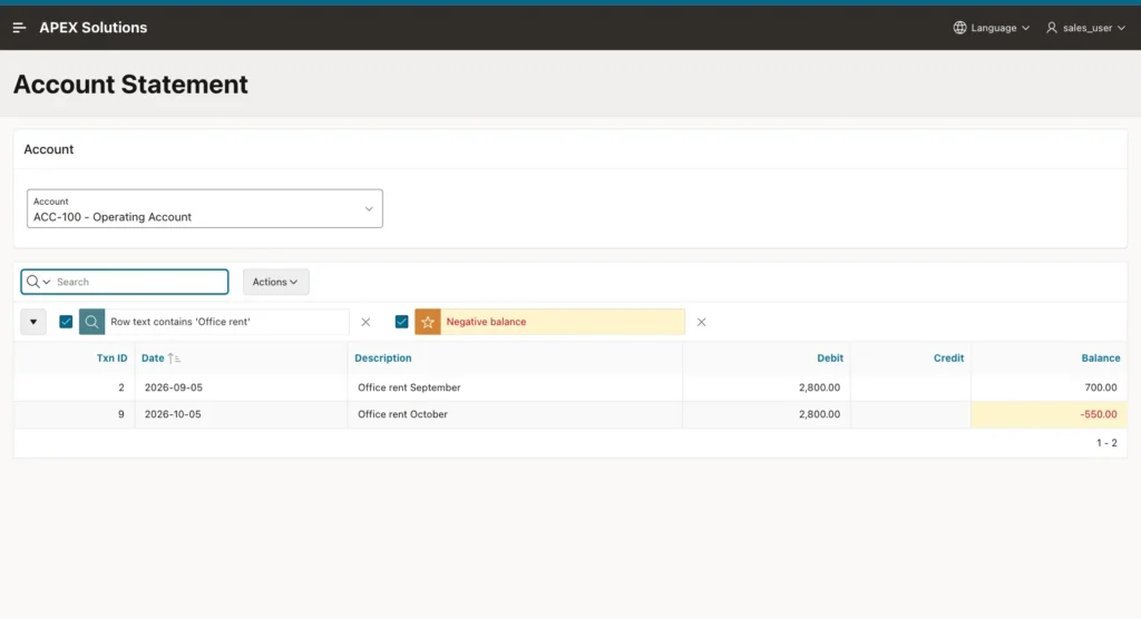 Report filtered by the search Office rent with two rows and their balances 700.00 and -550.00