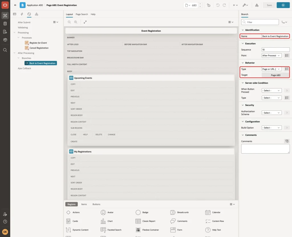 Branch Back to Event Registration with Name, Type Page or URL Redirect and Target Page 680 marked with red boxes