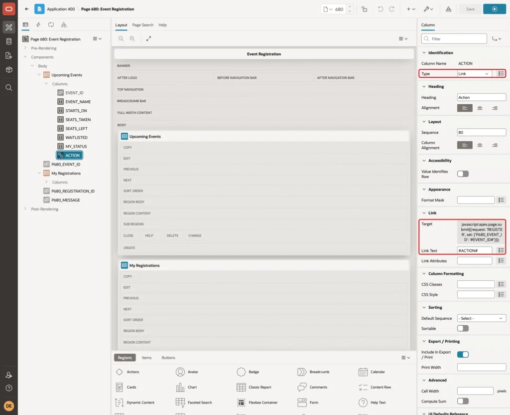 Column ACTION with Type Link, the Target and Link Text #ACTION# marked with red boxes