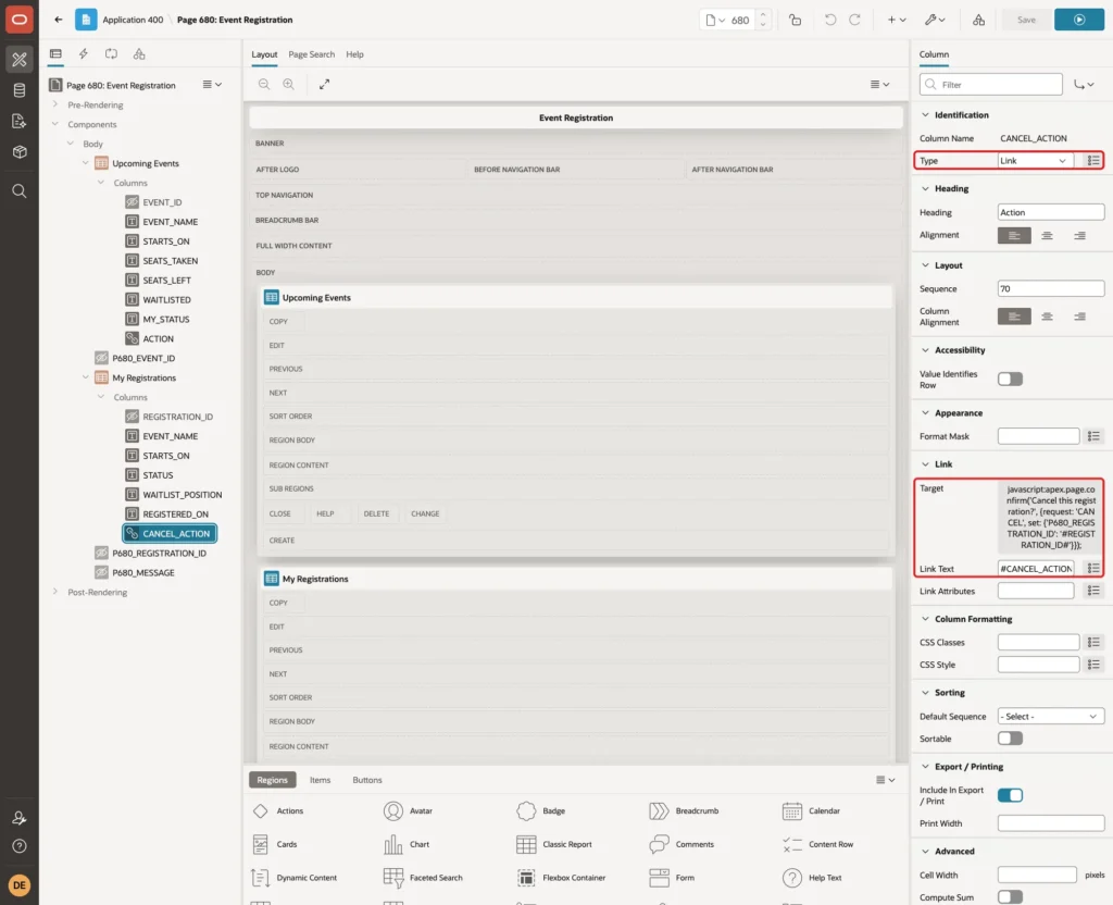 Column CANCEL_ACTION with Type Link, the Target and Link Text marked with red boxes