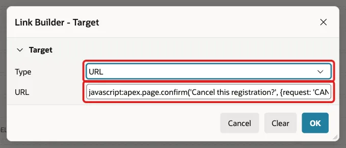 Link Builder Target dialog with Type URL and the javascript apex.page.confirm URL marked with red boxes
