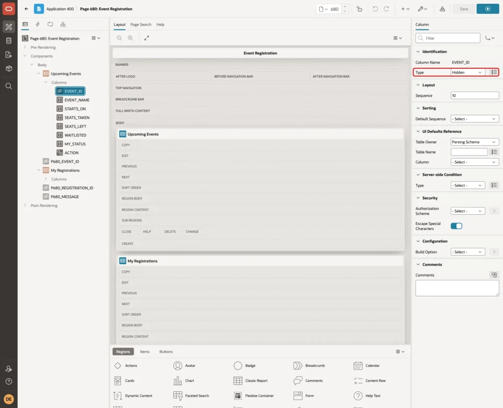 Column EVENT_ID with Type Hidden marked with a red box