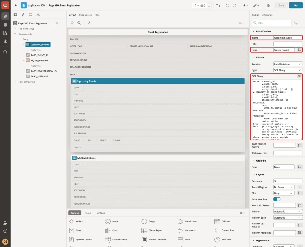 Region Upcoming Events with Name, Type Classic Report and the SQL Query marked with red boxes