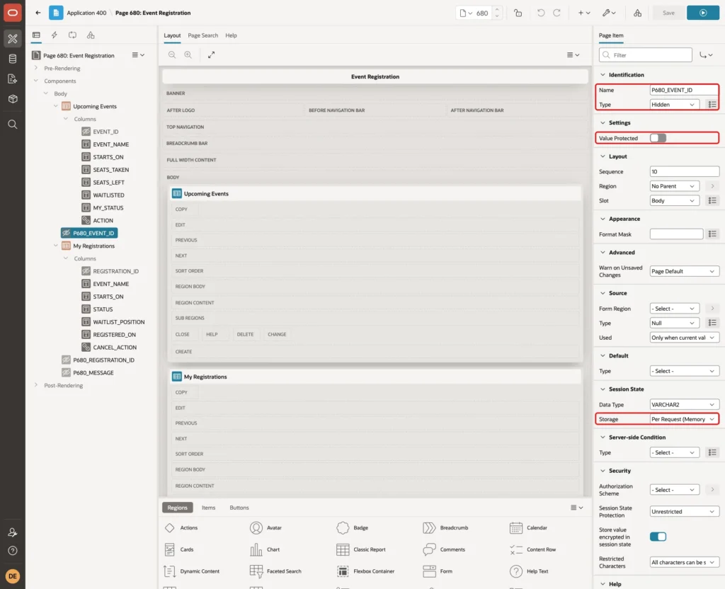 Page item P680_EVENT_ID with Name, Type Hidden, Value Protected off and Storage Per Request Memory Only marked with red boxes