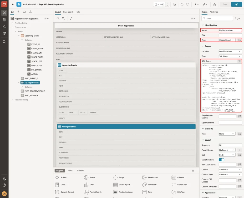 Region My Registrations with Name, Type Classic Report and the SQL Query marked with red boxes
