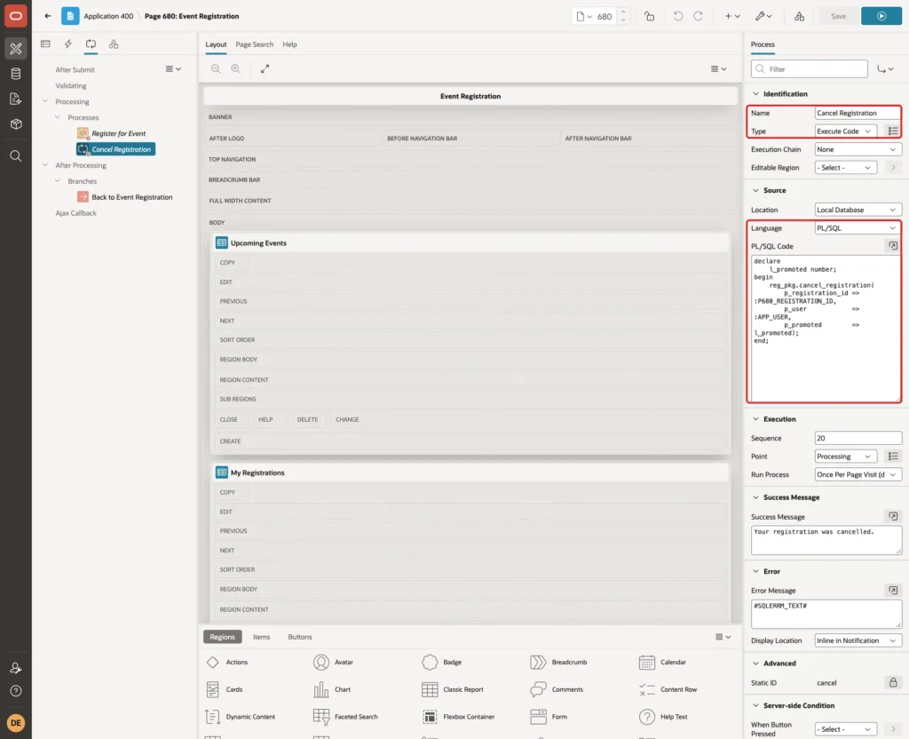 Process Cancel Registration with Name, Type Execute Code, Language PL/SQL and the PL/SQL Code marked with red boxes