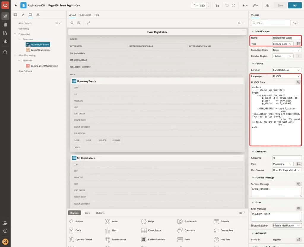 Process Register for Event with Name, Type Execute Code, Language PL/SQL and the PL/SQL Code marked with red boxes