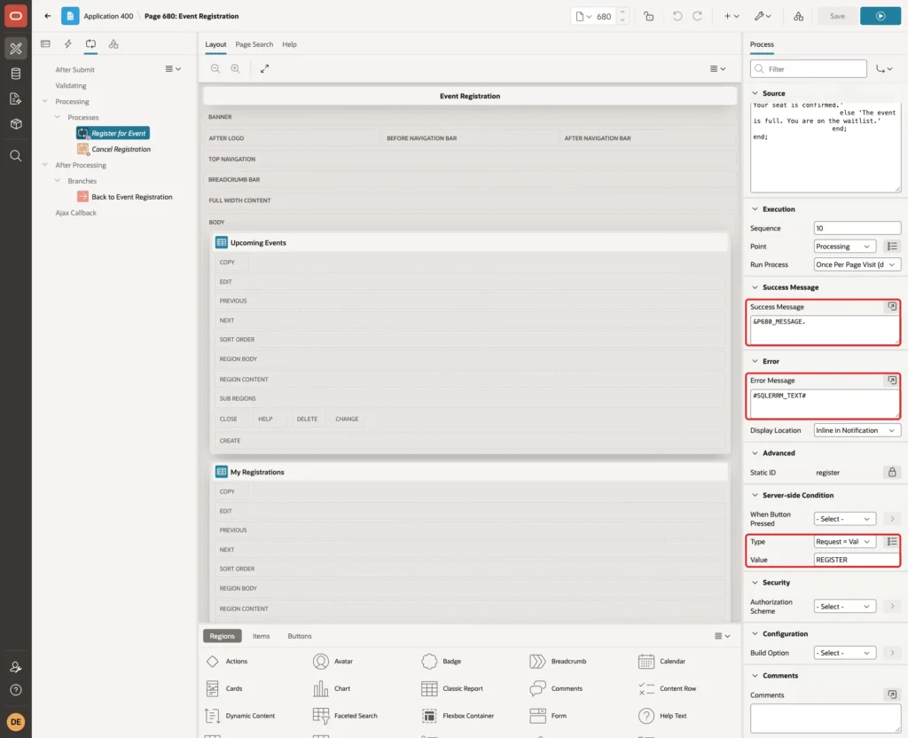 Process Register for Event with Success Message P680_MESSAGE, Error Message SQLERRM_TEXT, condition Type Request = Value and Value REGISTER marked with red boxes