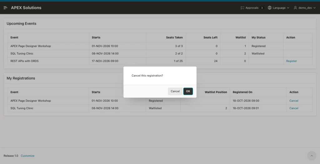 Confirmation dialog Cancel this registration with Cancel and OK buttons