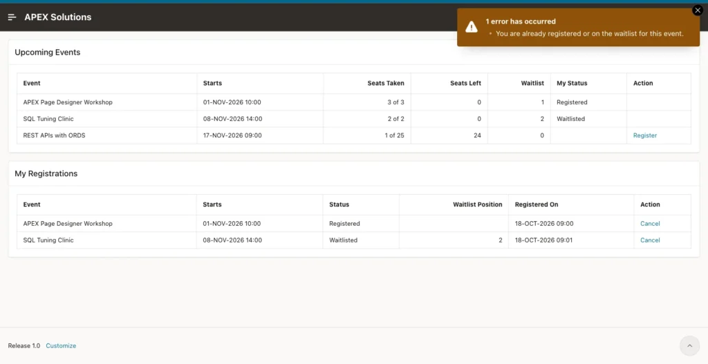 Event Registration page with the error You are already registered or on the waitlist for this event