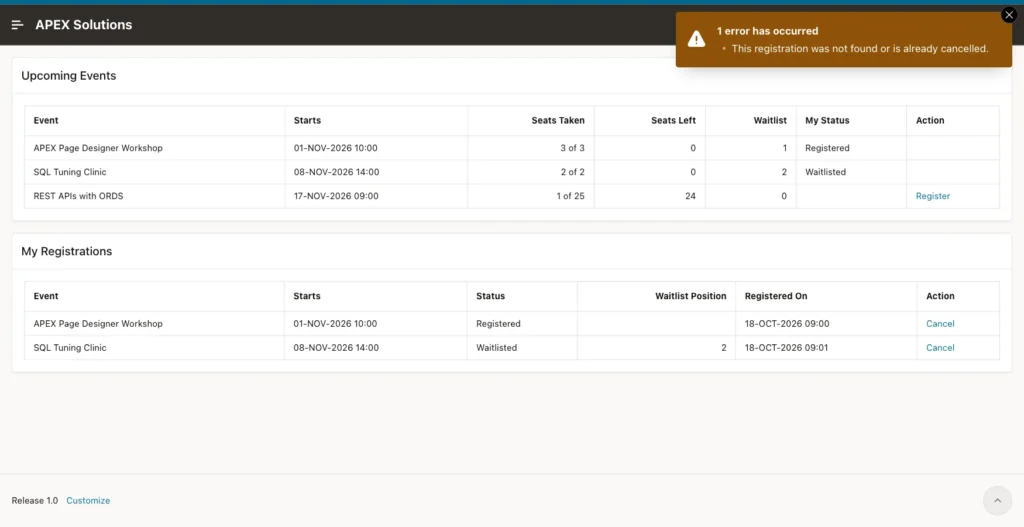 Event Registration page with the error This registration was not found or is already cancelled