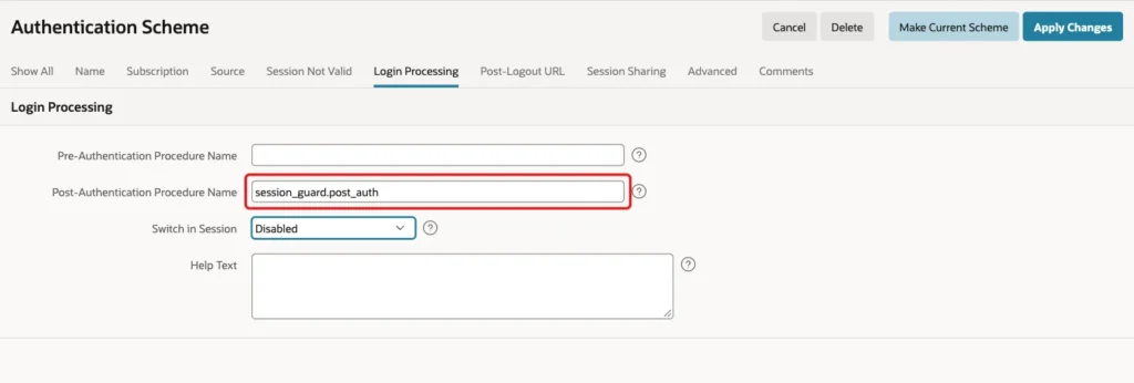 Login Processing tab with Post-Authentication Procedure Name session_guard.post_auth marked with a red box
