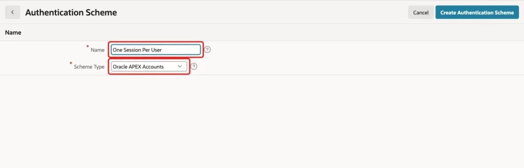 Authentication Scheme page with Name One Session Per User and Scheme Type Oracle APEX Accounts marked with red boxes