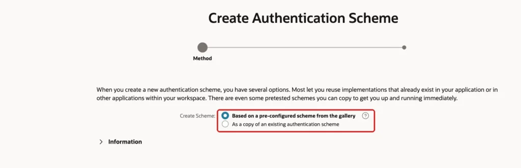 Create Authentication Scheme wizard with the option Based on a pre-configured scheme from the gallery marked with a red box