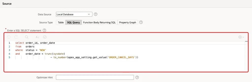 Automation Source with the SQL query using apex_app_setting.get_value('ORDER_CANCEL_DAYS') marked with a red box