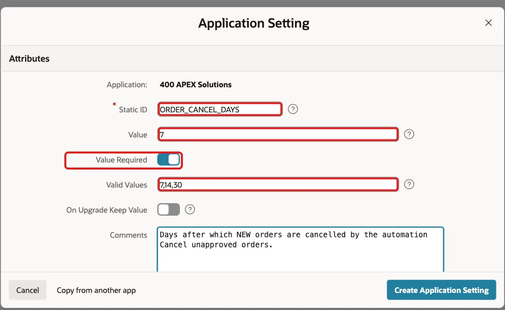Application Setting dialog with Static ID ORDER_CANCEL_DAYS, Value 7, Value Required on and Valid Values 7,14,30 marked with red boxes
