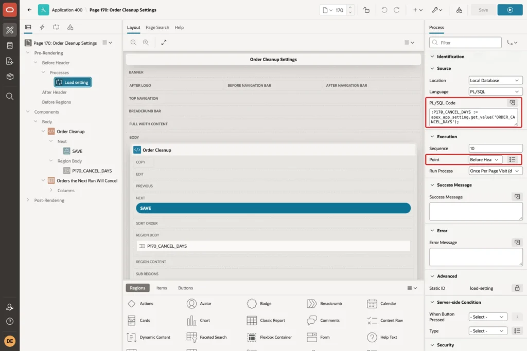 Page Designer showing the Load setting process at Before Header with the get_value code marked with red boxes