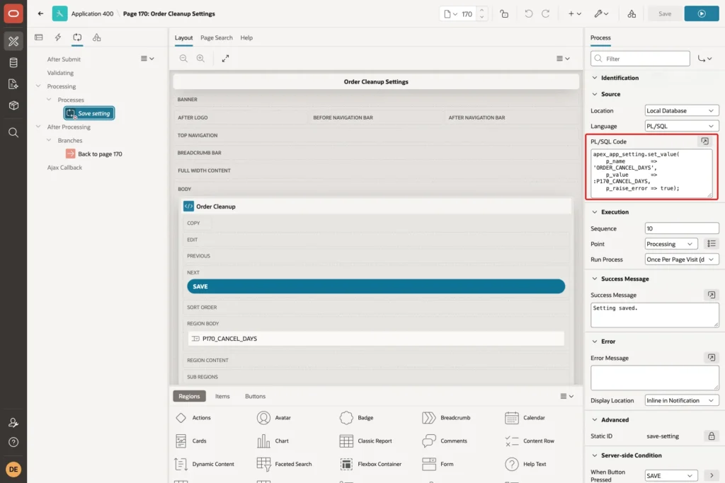Page Designer showing the Save setting process with the set_value code marked with a red box