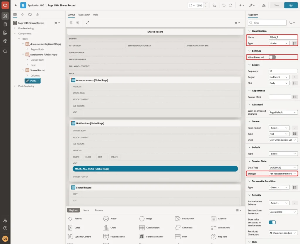 Page Designer with the page item P1240_T, Type Hidden, Value Protected off and Storage Per Request marked with red boxes