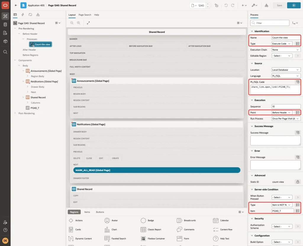 Page Designer with the process Count the view, PL/SQL code, Point Before Header and condition Item is NOT NULL on P1240_T marked with red boxes
