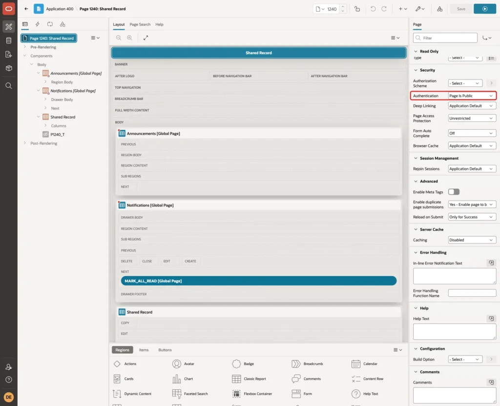 Page Designer with the page property Authentication set to Page Is Public, marked with a red box
