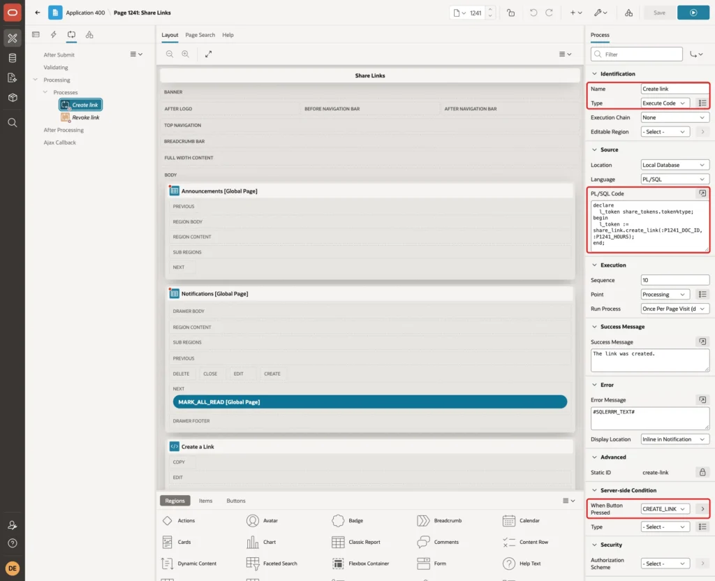 Page Designer with the process Create link, its PL/SQL code and When Button Pressed CREATE_LINK marked with red boxes