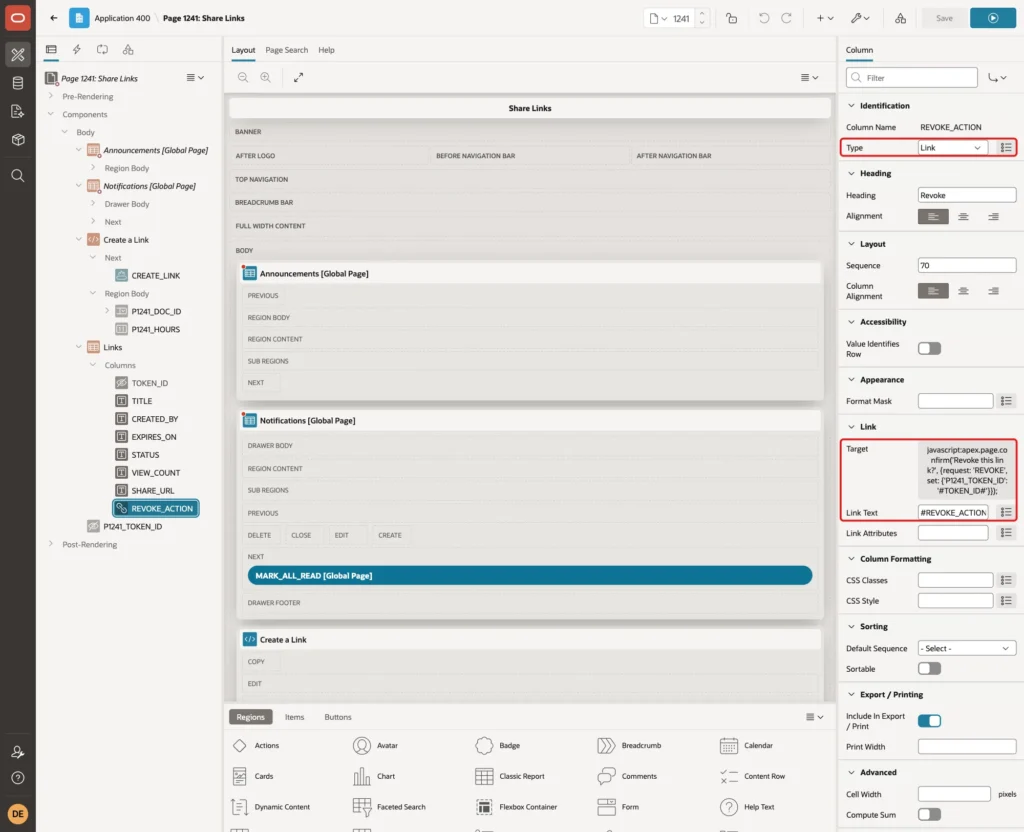 Page Designer with the column REVOKE_ACTION, Type Link, Target and Link Text marked with red boxes
