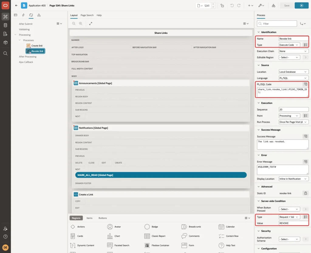 Page Designer with the process Revoke link, its PL/SQL code and the condition Request equals Value REVOKE marked with red boxes