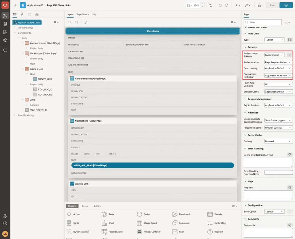 Page Designer with the page security properties Authorization Scheme Is Administrator and Page Access Protection Arguments Must Have Checksum marked with a red box