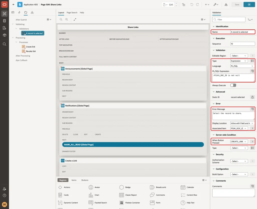 Page Designer with the validation A record is selected, expression, error message, associated item and When Button Pressed CREATE_LINK marked with red boxes