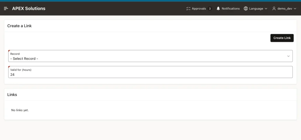 Share Links page with the Create a Link region and the message No links yet