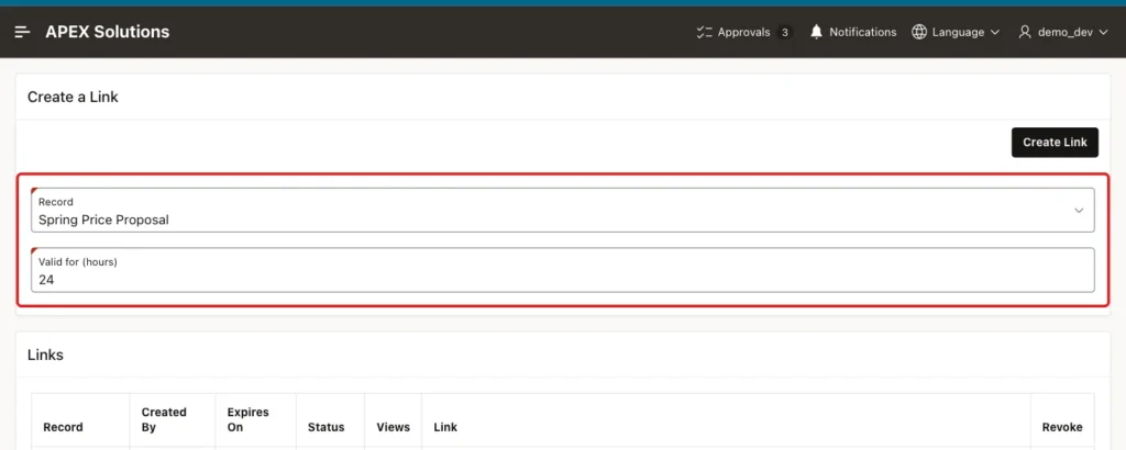 Share Links page with the record Spring Price Proposal selected and Valid for 24 hours, marked with a red box