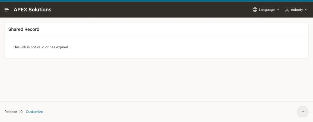 Shared Record page showing the message This link is not valid or has expired