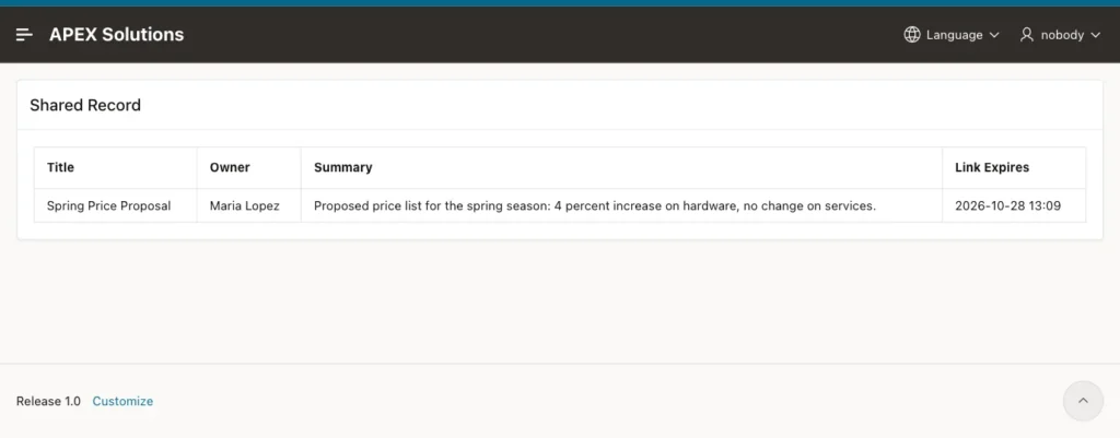 Shared Record page opened without a sign-in showing Spring Price Proposal, the owner, the summary and the link expiry time