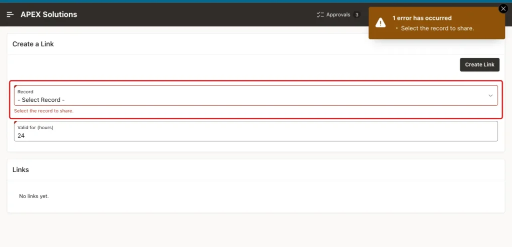 Share Links page with the message Select the record to share shown under the Record item, marked with a red box