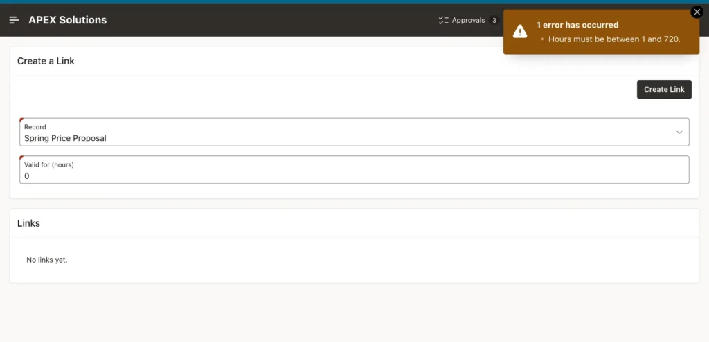 Share Links page with the error message Hours must be between 1 and 720