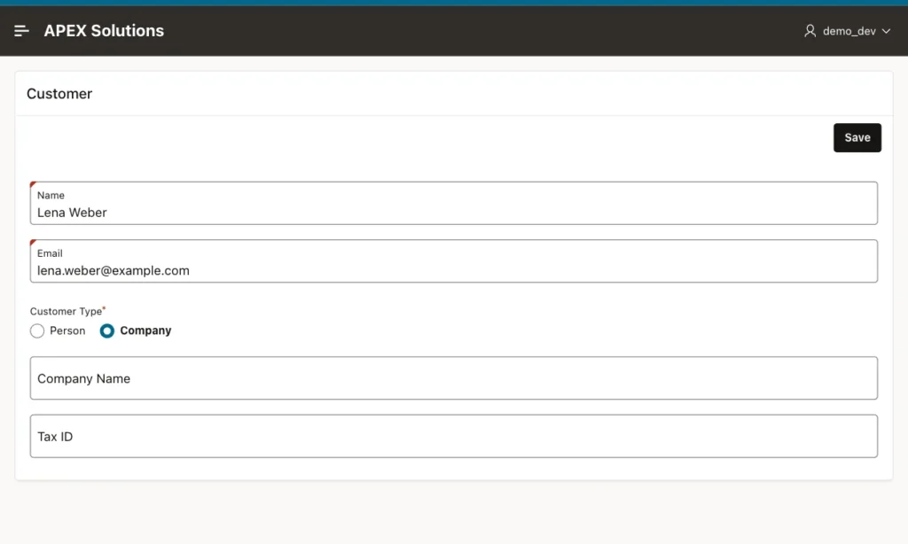 Oracle APEX form with Customer Type Company selected and the Company Name and Tax ID fields visible