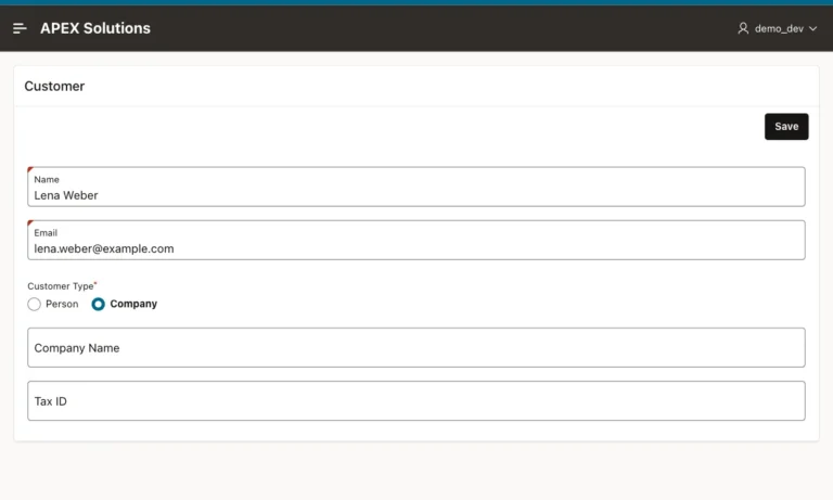 Oracle APEX form with Customer Type Company selected and the Company Name and Tax ID fields visible