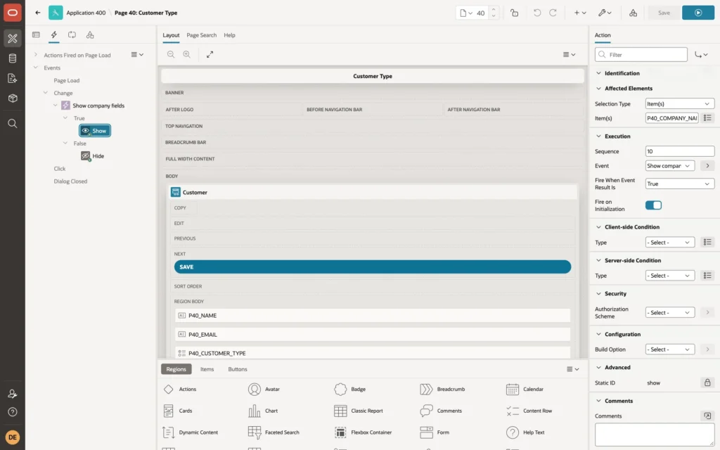 Page Designer showing the Show action with affected items and Fire on Initialization turned on