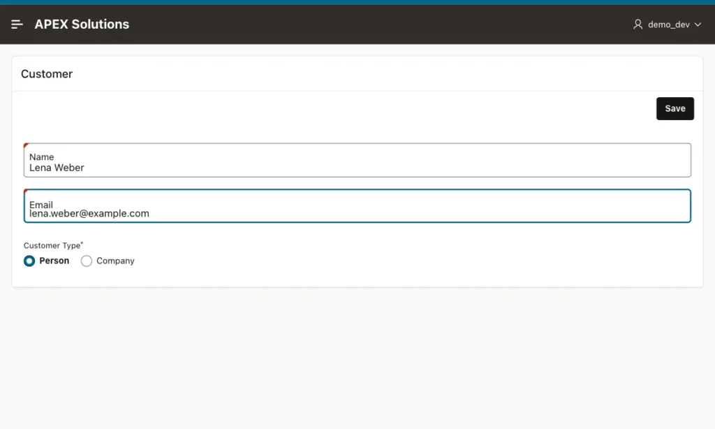 Oracle APEX form with Customer Type Person selected and no company fields visible