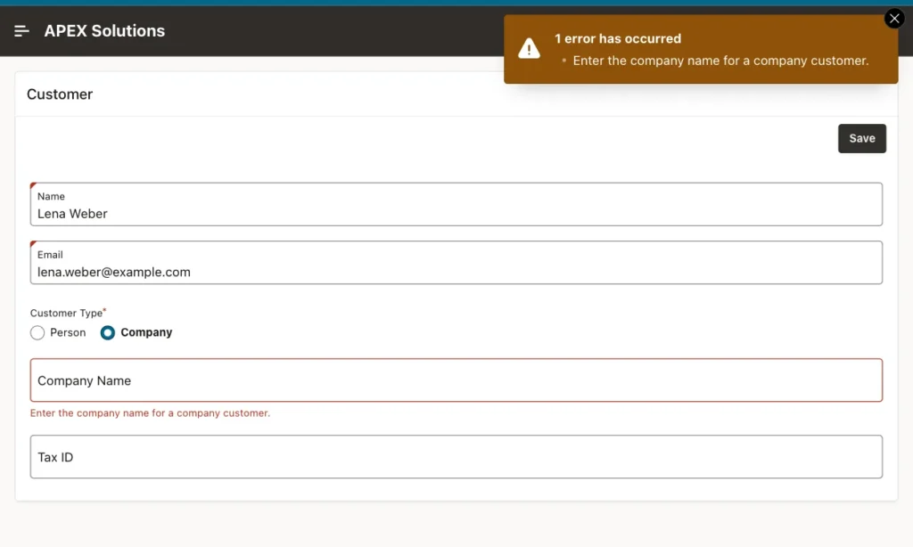 Oracle APEX form showing the error Enter the company name for a company customer under the empty Company Name field