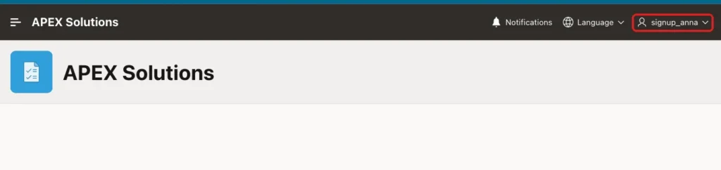Home page of the application with the user name signup_anna in the header marked with a red box