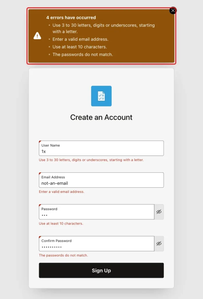 Sign-up page with four error messages in the notification and under the matching items, the notification marked with a red box