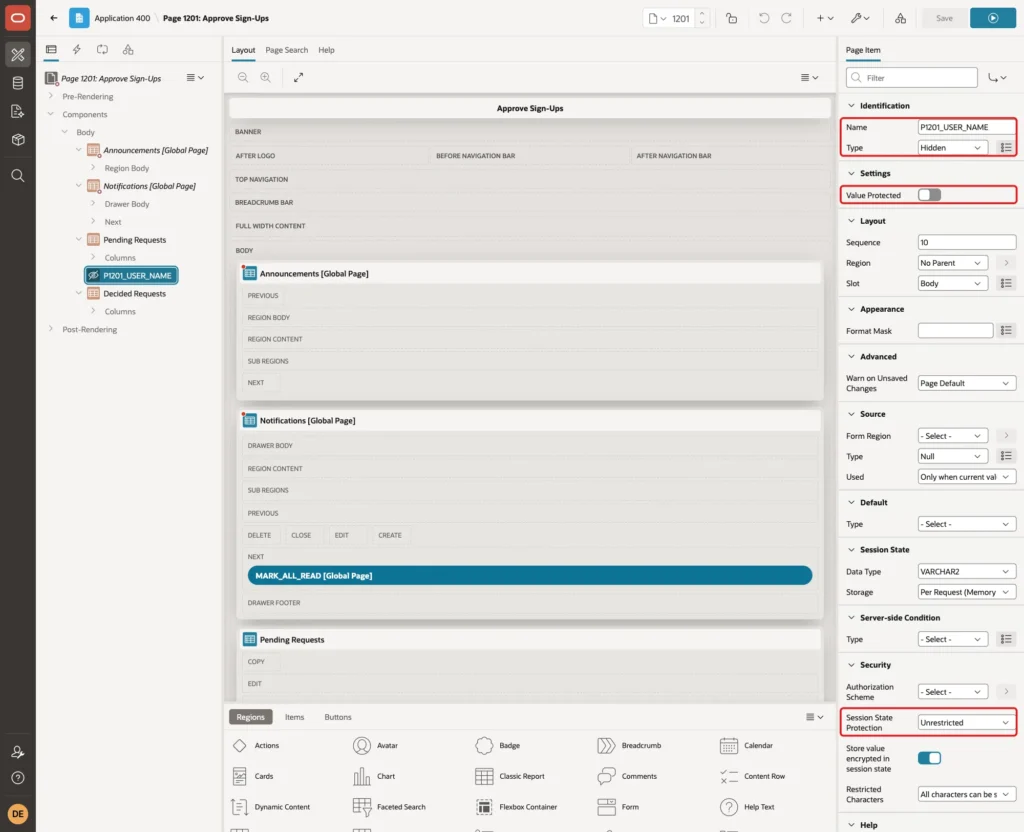 Item P1201_USER_NAME with Type Hidden, Value Protected off and Session State Protection Unrestricted marked with red boxes